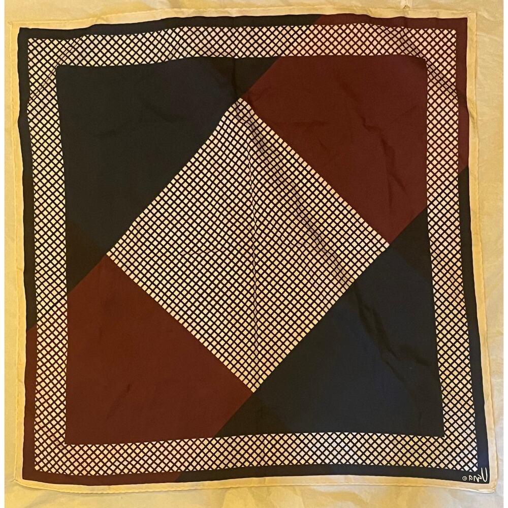 Vintage VERA Neumann Scarf ~ Signed ~ Burgundy & Navy Blue Geometric Pattern